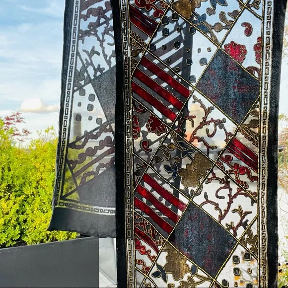 Oscar de la Renta Vintage Royal Velvet Cut Out Mesh Art Long Rectangle Scarf - Picture 15 of 16